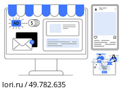 Desktop showcasing online storefront, notification emails, social media post, shopping cart with buy button. Ideal for e-commerce, online marketing, digital advertising, social media management. Digital Marketing Concept with Online Storefront, Social Media, Email Alerts, and E-Commerce Icons. Стоковая иллюстрация, агентство Ingram Publishing / Фотобанк Лори