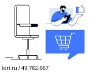 Office chair, online shopping cart icon, and businessman with tablet giving thumbs-up gesture. Ideal for e-commerce, customer satisfaction, online shopping, work from home, office ergonomics. Office chair, online shopping cart, and businessman with tablet and thumbs-up gesture. Стоковая иллюстрация, агентство Ingram Publishing / Фотобанк Лори