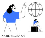 Woman in blue shirt pointing at globe while another woman sits on a cube reading a tablet. Ideal for education, global connectivity, communication, teamwork, leadership, technology, and remote. Woman in blue shirt points at globe, another woman seated on cube reading tablet. Стоковая иллюстрация, агентство Ingram Publishing / Фотобанк Лори
