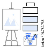 Easel with canvas displaying abstract art, adjacent to segmented timeline blocks lower section features e-commerce dashboard and online shopping actions. Ideal for creative presentations, business. E-commerce Dashboard with Creative Design and Data Visualization Elements. Стоковая иллюстрация, агентство Ingram Publishing / Фотобанк Лори