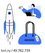 Businessman typing on laptop, a launched rocket, and a blue handbag with a tag. Ideal for business planning, entrepreneurship, e-commerce, innovation, startup growth, online shopping retail. Businessman working on laptop, a rocket, and a handbag with tag, representing growth, innovation, and commerce. Стоковая иллюстрация, агентство Ingram Publishing / Фотобанк Лори