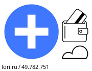 Blue medical cross highlights healthcare, wallet with a card suggests digital payments, cloud shape symbolizes online services. Ideal for health tech, digital wallets, cloud services, online. Blue medical cross, wallet with card, and cloud shape symbols suggesting healthcare technology. Стоковая иллюстрация, агентство Ingram Publishing / Фотобанк Лори