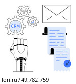 Robotic hand touches CRM gear and icons including email and checklists. Ideal for automation, business management, CRM systems, technology, and efficiency. Minimalist, clean, futuristic. Robotic Hand Interacts with CRM and Email for Efficient Business Management. Стоковая иллюстрация, агентство Ingram Publishing / Фотобанк Лори