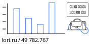 Bar graph representing data analysis increases next to briefcase and binary code. Ideal for presentations, tech reports, data analytics, education, business strategies, remote work, and software. Data Analyzing Software in Tech Industry with Binary Code and Bar Graphs. Стоковая иллюстрация, агентство Ingram Publishing / Фотобанк Лори