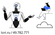 Human working on a laptop, engaging with a robot in a tech-oriented interaction. Ideal for technology, AI innovation, digital learning, futuristic concepts, online collaboration, human-robot. Human interacting with a robot while working on a laptop, representing modern technology concepts. Стоковая иллюстрация, агентство Ingram Publishing / Фотобанк Лори