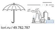 Umbrella beside industrial factory with chimneys emitting smoke and water waves. Ideal for environmental awareness, pollution control, industrial impact, climate change, safety measures. Environmental Protection Umbrella Shielding Industrial Pollution and Factory Elements. Стоковая иллюстрация, агентство Ingram Publishing / Фотобанк Лори