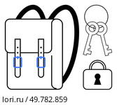 Backpack with buckle straps alongside padlock and two keys. Ideal for topics on security, travel, education, adventure, preparedness, storage, and organization. Line metaphor. Backpack with Secured Straps, Lock, and Keys Representing Security and Preparedness. Стоковая иллюстрация, агентство Ingram Publishing / Фотобанк Лори