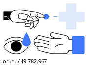 Human hand touching screen, eye with drop, open palm, blue cross. Ideal for healthcare, medical technology, digital touch, vision care hand safety support services and treatment concepts. Line. Human Hand Touching Screen, Eye with Tear, Palm with Cross - Medical and Technology Theme. Стоковая иллюстрация, агентство Ingram Publishing / Фотобанк Лори