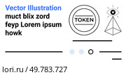 Token symbol, all-seeing eye on pyramid, lines, dots, and placeholder text in black and blue. Ideal for web design, branding, digital content, marketing, user interfaces, print media, modern art. Modern Graphic Design Elements Including Token Symbol, Eye, Text, and Lines for Web and Print Use. Стоковая иллюстрация, агентство Ingram Publishing / Фотобанк Лори