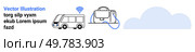 Autonomous bus emitting wireless signal, laptop connected to cloud. Ideal for transportation, smart technology, innovation, connectivity, mobility, digital transformation, futuristic concepts. Autonomous Bus with wireless Connection and Cloud Storage. Стоковая иллюстрация, агентство Ingram Publishing / Фотобанк Лори