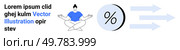 Woman meditating in blue shirt, sitting cross-legged, black percentage symbol inside grey circle, three blue arrows pointing right. Ideal for wellness, finance, productivity, mindfulness, growth. Mindful Meditation with Financial Growth and Directional Arrows in Blue Theme. Стоковая иллюстрация, агентство Ingram Publishing / Фотобанк Лори