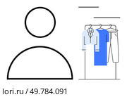 Human outline beside a clothing rack with shirts, trousers, and dress. Ideal for fashion, shopping, minimalism, wardrobe planning, retail personal style sustainability. Line metaphor. Minimalist Concept of Fashion Consumption and Human Presence in Wardrobe Choices. Стоковая иллюстрация, агентство Ingram Publishing / Фотобанк Лори