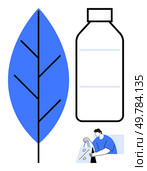 Blue leaf, recyclable bottle, and person with a shopping bag. Ideal for sustainability, environment protection, recycling, eco-friendly practices, green products, health awareness consumer behavior. Eco-friendly Practices Highlighted with Blue Leaf, Recyclable Bottle, and Person Shopping. Стоковая иллюстрация, агентство Ingram Publishing / Фотобанк Лори