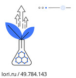 Laboratory flask with leaves sprouting and arrows pointing upward, indicating growth and progress. Ideal for themes such as innovation, sustainability, biotechnology, environmental science, research. Scientific Innovation and Environmental Growth Depicted with Flask, Leaves, and Upward Arrows. Стоковая иллюстрация, агентство Ingram Publishing / Фотобанк Лори