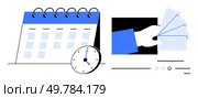 Calendar, clock with hands pointing at specific time, and human hand holding paper money. Ideal for business, finance, time management, scheduling, planning, budgeting, and deadlines. Line metaphor. Calendar with clock and hand holding money suggesting timely payments or scheduling concepts. Стоковая иллюстрация, агентство Ingram Publishing / Фотобанк Лори