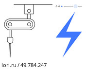 Robotic arm with needle attachment next to control interface and blue lightning bolt. Ideal for technology, automation, robotics, engineering, innovation, energy, and science themes. Line metaphor. Robotic Arm with Control Interface and Lightning Bolt Symbolizing Technology and Energy. Стоковая иллюстрация, агентство Ingram Publishing / Фотобанк Лори