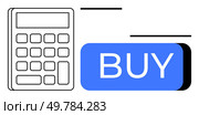 Black outlined calculator positioned next to a large blue BUY button, emphasizing budget planning and purchasing decisions. Ideal for e-commerce, finance, budgeting, online shopping, digital. Calculating Total Costs Before Making a Purchase, featuring a Calculator and Large Buy Button. Стоковая иллюстрация, агентство Ingram Publishing / Фотобанк Лори