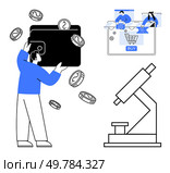 Person holding a large wallet with coins falling out, microscope, and online shopping cart with cashback symbol. Ideal for finance, online shopping, e-commerce, cashback programs, research, savings. Person holding a large wallet with coins, microscope, and online shopping cart with cashback symbol. Стоковая иллюстрация, агентство Ingram Publishing / Фотобанк Лори