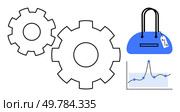 Gears symbolize process efficiency while a blue handbag and data chart indicate business insights. Ideal for business workflow, efficiency, data analysis, retail, e-commerce, productivity, and market. Gears with Blue Handbag and Data Chart Highlighting Business Process Synchronization. Стоковая иллюстрация, агентство Ingram Publishing / Фотобанк Лори