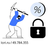 Man wielding pickaxe breaking a lock with a percentage symbol beside him. Ideal for financial freedom, cyber security, business solutions, risk management, investment strategies, problem solving. Man Breaking Lock with Pickaxe, Percentage Symbol Nearby - Concept of Unlocking or Breaking Financial Barriers. Стоковая иллюстрация, агентство Ingram Publishing / Фотобанк Лори