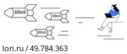 Three DDoS missiles targeting a person using a laptop. Ideal for cybersecurity, online threats, data protection, network security, IT defenses, internet safety, and technological warfare. Line. Cybersecurity Threat DDoS Attacks Targeting System Vulnerabilities and Web Resources. Стоковая иллюстрация, агентство Ingram Publishing / Фотобанк Лори