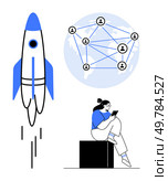 Rocket launching, connected global network with icons, person reading tablet. Ideal for technology, innovation, startups, globalization, networking digital communication education. Line metaphor. Launch of a Rocket, Global Connectivity Network, and Person Reading Tablet. Стоковая иллюстрация, агентство Ingram Publishing / Фотобанк Лори