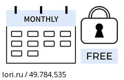 Calendar labeled Monthly, padlock icon, and Free tag. Ideal for time management, security, subscriptions, planning, organization scheduling protection. Line metaphor. Monthly Schedule and Security Icon Indicating Free Access and Protection. Стоковая иллюстрация, агентство Ingram Publishing / Фотобанк Лори