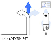 Rocket launching upwards next to growth diagram and intersecting arrows. Ideal for business growth, innovation, startups, success, strategy, goal-setting, future planning. Line metaphor. Rocket Launching with Growth Diagram Representing Business Success and Innovation Pathway. Стоковая иллюстрация, агентство Ingram Publishing / Фотобанк Лори