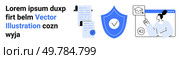 Documents, shield with checkmark, and person in email interface. Ideal for online learning, digital security, email communication, educational apps, data protection, student portals, and virtual. Secure Online Learning with Digital Documents, Shield, and Email Communication Icon Set. Стоковая иллюстрация, агентство Ingram Publishing / Фотобанк Лори