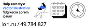 Woman working on laptop, calendar, clock, black text with blue accent, time management, productivity, office work, scheduling, appointments, deadlines. Ideal for business presentations educational. Professional Time Management with Laptop, Calendar, and Clock. Стоковая иллюстрация, агентство Ingram Publishing / Фотобанк Лори