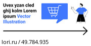 Shopping cart icon in blue speech bubble, person pointing towards it, black arrow guide. Ideal for websites, online shopping, e-commerce, digital marketing, user interface, digital products, web. E-commerce and Online Shopping Concept with Shopping Cart Icon and Directional Arrow. Стоковая иллюстрация, агентство Ingram Publishing / Фотобанк Лори