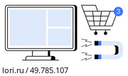 Computer monitor with webpage sections, shopping cart with notification badge, and magnet emitting attraction. Ideal for ecommerce, digital marketing, customer engagement, website design, sales. Screen with webpage layout, shopping cart with notification, and magnet attracting elements. Стоковая иллюстрация, агентство Ingram Publishing / Фотобанк Лори