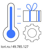 Thermometer, gift box with ribbon, gear symbolizing progress, rewards, mechanisms. Ideal for performance tracking, goal achievement, operational efficiency motivation productivity. Line metaphor. Thermometer, gift box, gear representing progress, rewards, and mechanisms for achieving goals. Стоковая иллюстрация, агентство Ingram Publishing / Фотобанк Лори