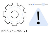 Gear icon next to a triangle with exclamation mark, indicating system error. Dots and a checkmark. Ideal for IT issues, troubleshooting, alert systems, software errors, notifications, caution. Gear and Triangle Warning Sign Highlighting System Error and Notification Status. Стоковая иллюстрация, агентство Ingram Publishing / Фотобанк Лори