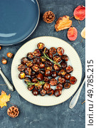 Cracked roasted chestnuts, roasted chestnuts some chestnuts split open , garnished with fresh rosemary, styled with autumn leaves.. Warm roasted chestnuts served on a plate. Стоковое фото, агентство Ingram Publishing / Фотобанк Лори