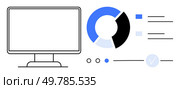 Computer screen with pie chart and data elements in blue, black, and light gray colors. Ideal for data visualization, business presentations, tech designs, educational content, UIUX planning. Computer Screen with Pie Chart and Data Elements for Simplified Data Representation. Стоковая иллюстрация, агентство Ingram Publishing / Фотобанк Лори