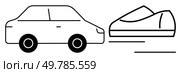 Outline drawing of a traditional car next to a streamlined modern bullet train. Ideal for technology, transportation, travel, futuristic themes, progress, speed, urban development. Line metaphor. Comparison of Traditional Car and Modern Bullet Train Symbolizing Transportation Evolution. Стоковая иллюстрация, агентство Ingram Publishing / Фотобанк Лори