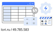 Spreadsheet with data rows and columns, calculator buttons, dollar sign, gear with lightning bolt, and online storefront elements. Ideal for finance, accounting, e-commerce, automation budgeting. Online Financial Management Spreadsheet with Calculator, E-commerce Storefront, and Operational Automation. Стоковая иллюстрация, агентство Ingram Publishing / Фотобанк Лори