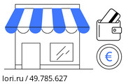 Blue and white striped awning shop facade with closed door and window, wallet with cards, and Euro coin. Ideal for businesses, retail, shopping, payments, currency exchanges, e-commerce. Small storefront with blue striped awning next to wallet, cards, and Euro coin. Стоковая иллюстрация, агентство Ingram Publishing / Фотобанк Лори
