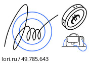 Abstract scribble intersects concentric circles, cryptocurrency coin with Bitcoin symbol, briefcase with handle. Ideal for finance, business strategy, investment, digital currency, productivity. Abstract Scribble with Target Icon, Cryptocurrency Coin, and Briefcase Illustrating Business Themes. Стоковая иллюстрация, агентство Ingram Publishing / Фотобанк Лори