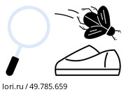 Magnifying glass, fly, and shoe icon depicts inspection, pest control, and action themes. Ideal for analysis, hygiene, cleanliness, investigation, household maintenance educational. Magnifying Glass, Fly, and Shoe Representing Inspection, Pest Control, and Action Themes. Стоковая иллюстрация, агентство Ingram Publishing / Фотобанк Лори