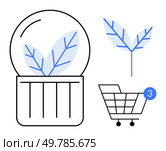 Transparent dome with leaf, separate leaf icon in blue, and shopping cart with notification. Ideal for eco-friendly products, sustainability, environmental awareness, green shopping, online retail. Sustainable Shopping Concept with Leaf Symbol and Shopping Cart Notification. Стоковая иллюстрация, агентство Ingram Publishing / Фотобанк Лори