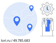 Blue location markers on the world map, clock inside a gear, clothing on a rack. Ideal for logistics, time management, supply chain, fashion industry, inventory control, global business retail. Global Logistics and Fashion Supply Chain Management with Timely Delivery and Inventory Control. Стоковая иллюстрация, агентство Ingram Publishing / Фотобанк Лори