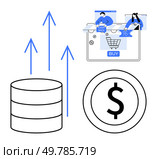 Online shopping cart, rising arrows, financial database, dollar symbol. Ideal for e-commerce, finance, profit growth, data analysis online transactions market trends economic projections. Line. E-commerce Growth Represented by Online Shopping, Financial Data, and Rising Arrows. Стоковая иллюстрация, агентство Ingram Publishing / Фотобанк Лори