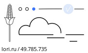 Corn stalk with cloud, clear check mark, horizontal lines, and abstract dots. Ideal for agriculture, weather, verification, simplicity environment farming updates organic products. Line metaphor. Corn stalk, cloud icon, check mark, and simple abstract lines conveying agricultural theme and verification. Стоковая иллюстрация, агентство Ingram Publishing / Фотобанк Лори