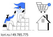 Two individuals climbing puzzle blocks holding flag, shopping cart with notification, house symbol. Ideal for teamwork, goals, online shopping, notifications, home, collaboration, success themes. Teamwork in Overcoming Obstacles, Shopping Cart Notification, and House Symbol. Стоковая иллюстрация, агентство Ingram Publishing / Фотобанк Лори