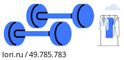 Blue dumbbells paired with clothing on a rack. Ideal for fitness, lifestyle, minimalism, health, exercise routines home gym setups and wellness. Line metaphor. Simple line icons. Blue dumbbells and clothing on a rack illustrating an active lifestyle and minimalist living. Стоковая иллюстрация, агентство Ingram Publishing / Фотобанк Лори