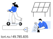 Woman rides electric scooter, solar panel arrangement, person holding shopping bags. Ideal for renewable energy, eco-friendly transport, electric vehicles, sustainability, green living, environmental. Sustainable Lifestyle with Electric Scooter, Solar Panels, and Eco-friendly Shopping. Стоковая иллюстрация, агентство Ingram Publishing / Фотобанк Лори
