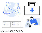 Earth globe with connection lines, medical briefcase, data servers, and person with shopping bags. Ideal for healthcare, e-commerce, data management, global connectivity, technology logistics. Global Connectivity, Medical Care, Data Management, and E-Commerce Highlighting Modern Solutions. Стоковая иллюстрация, агентство Ingram Publishing / Фотобанк Лори