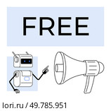 Robot pointing at a megaphone under FREE text in a blue rectangle. Ideal for marketing, accessibility, promotion, announcements, technology, communication, and advertising design. Line metaphor. Robot Pointing at Megaphone with Free Text, Promoting Accessibility and Communication. Стоковая иллюстрация, агентство Ingram Publishing / Фотобанк Лори
